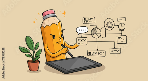 Cartoon pencil character working on a digital tablet.