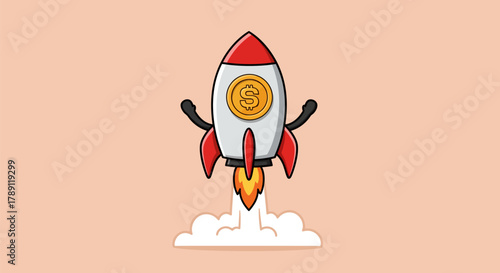 Cartoon rocket ship launching with a gold coin, ready for takeoff.
