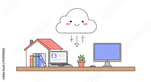 Cloud computing concept with home, laptop, and desktop computer.