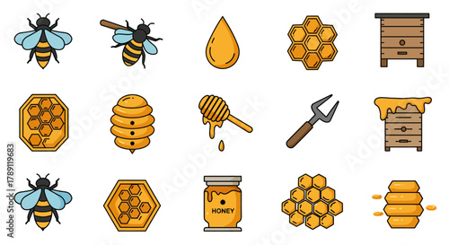 Collection of various bee-related icons and illustrations for design.