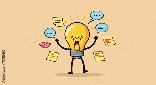 Creative lightbulb character with ideas and thoughts floating around.