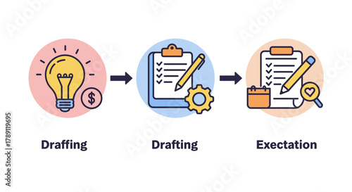 Creative process - Idea generation, drafting, and execution stages.