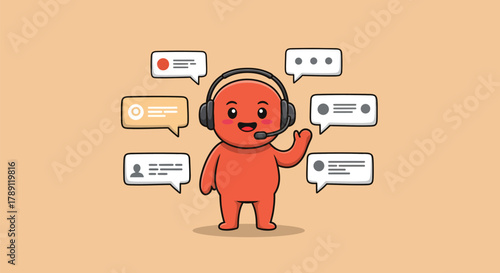 Customer service representative with headset surrounded by speech bubbles.