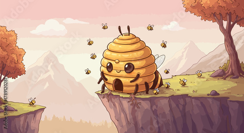 Cute cartoon beehive character standing on a cliff with bees.