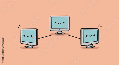 Cute computer network illustration with smiling screens and connections.