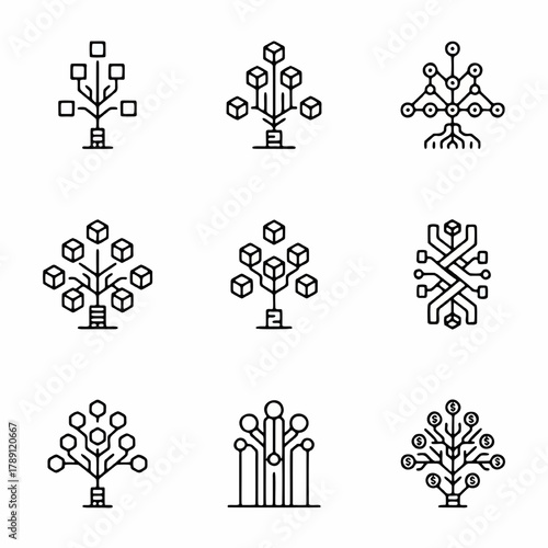Digital Data Flow and Cube Structure Tree Icons