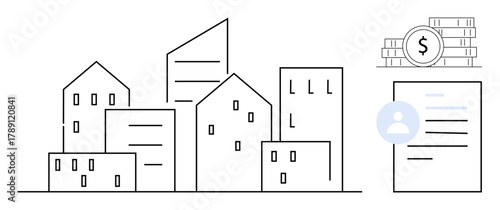 Urban buildings clustered together with icons of stacked coins, a user profile, and a document. Ideal for real estate, housing finance, property investment, mortgage planning, urban planning