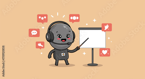 Cute robot teacher presenting on a whiteboard with social media icons.
