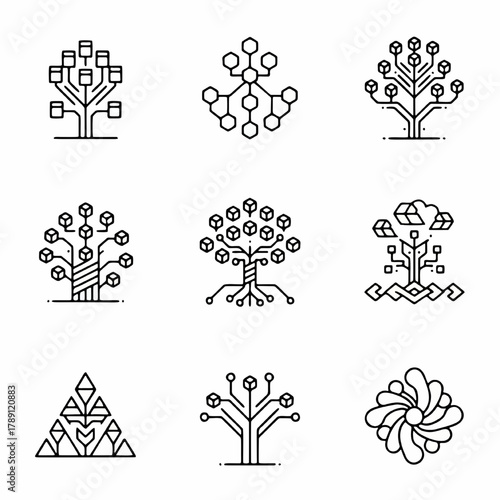 Abstract Data Cube and Hexagon Tree Structure Icons