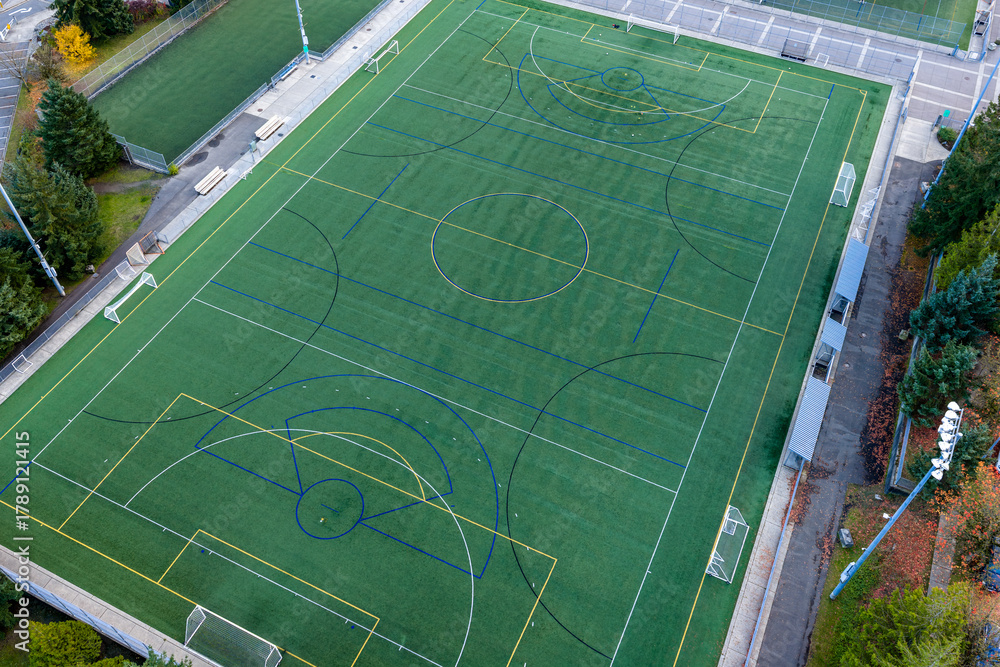 Obraz premium Aerial View Of A Multi‑Sport Synthetic Turf Field With Complex Line Markings And Goals