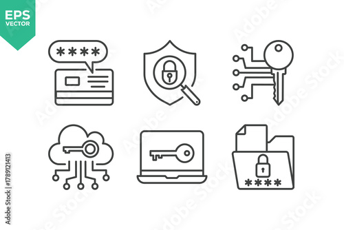Set of Line Icons Related to Security, Protection, Password, Access, Lock, Key, Padlock, Computer Network, Cybersecurity, Remote Work, Thief, and more.