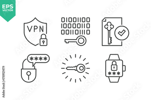 Set of Line Icons Related to Security, Protection, Password, Access, Lock, Key, Padlock, Computer Network, Cybersecurity, Remote Work, Thief, and more.
