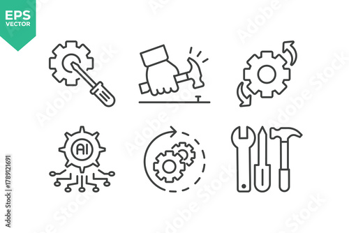 Set Of Repair Line Icons. The set includes a Maintenance, Repairman, Home Repair, Customer Service, Car Repair, Tools, Appliance Repair, and more.