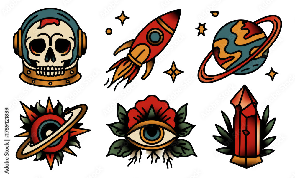 Obraz premium Colorful Retro Illustrations Featuring Space Themes and Unique Objects