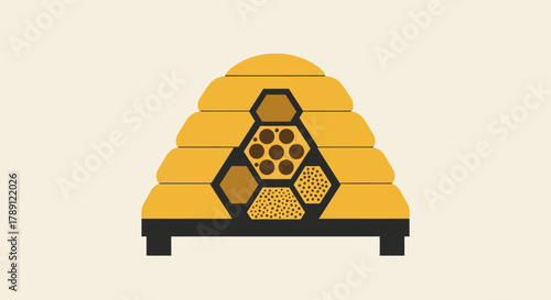 Detailed illustration of a beehive with honeycomb structures inside.