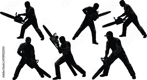 Chainsaw operator silhouettes, cutting stance, black figures, forestry work, manual labor, tool handling, posture variation, safety gear, intense pose, digital art, jobsite theme