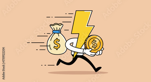 Fast Financial Lightning Bolt Character Running with Money Bag and Coin.