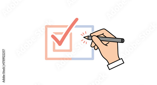 Hand drawing a checkmark on a checklist, completing the task.