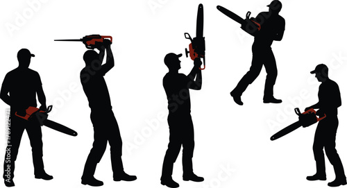 Chainsaw silhouette poses, orange tool highlight, cutting stance variation, black figures, safety posture, construction theme, digital art, white background, motion study