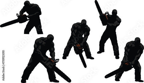 Chainsaw silhouettes, muscular figures, red and metallic tools, dynamic poses, strength theme, action stance, black shapes, dramatic style, digital art, white background