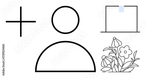 Plus sign, abstract user icon, laptop screen, and floral illustration. Ideal for community, online connection, personal growth, technology, nature preservation creativity simple flat metaphor