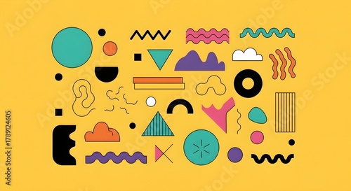 Colorful abstract geometric and organic shapes arranged playfully on a vibrant yellow background.