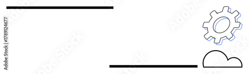 Gear placed over cloud icon with minimal lines conveys technology, innovation, cloud computing, workflow, system integration, automation, settings. Ideal for tech, cloud services minimal flat