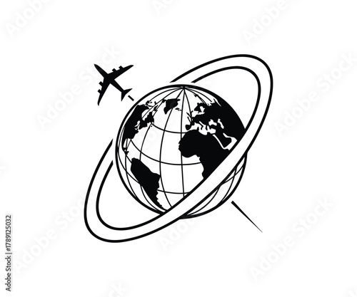 Airplane Circling Globe with Orbit Rings Icon Keywords: travel, airplane, globe, earth, world