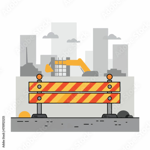 Road Construction Barrier with Warning Lights and Construction Equipment.