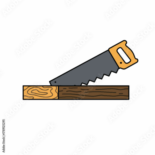 Saw cutting through wood block showing carpentry and construction.