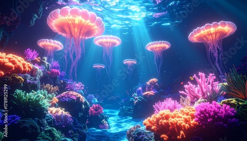 Fototapeta Naklejka Na Ścianę i Meble -  Vibrant Underwater World with Glowing Jellyfish and Colorful Coral Reefs.