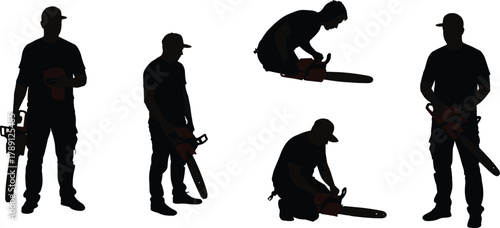 Chainsaw worker silhouettes, orange tool highlight, safety gear, crouching pose, inspection stance, black figures, construction tools, posture variation, digital art, job site theme