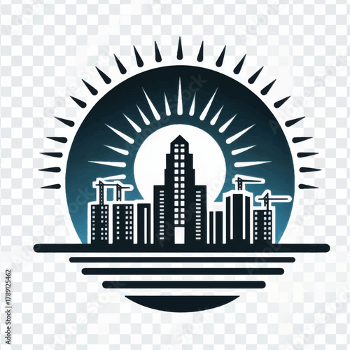 Urban cityscape silhouette with sunburst graphic design for development.