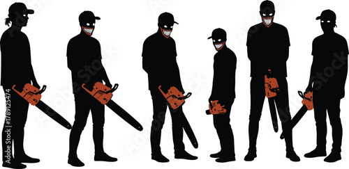 Chainsaw silhouettes, sinister characters, glowing eyes, orange tools, dark clothing, creepy workers, stylized faces, horror theme, construction gear, eerie pose, digital illustration