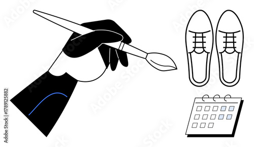 A hand holding a brush, classic shoes, and a calendar layout. Ideal for art, design, planning, scheduling, creativity, craftsmanship daily tasks simple flat metaphor