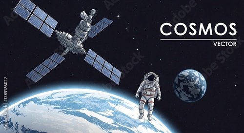 Fototapeta Naklejka Na Ścianę i Meble -  Astronaut floats near Earth and a space station with solar panels in deep outer space.