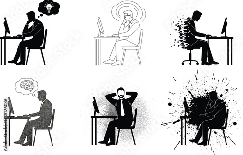 Computer user emotional states, silhouette styles, digital work poses, vector set, editable stroke, professional concept, black and white design