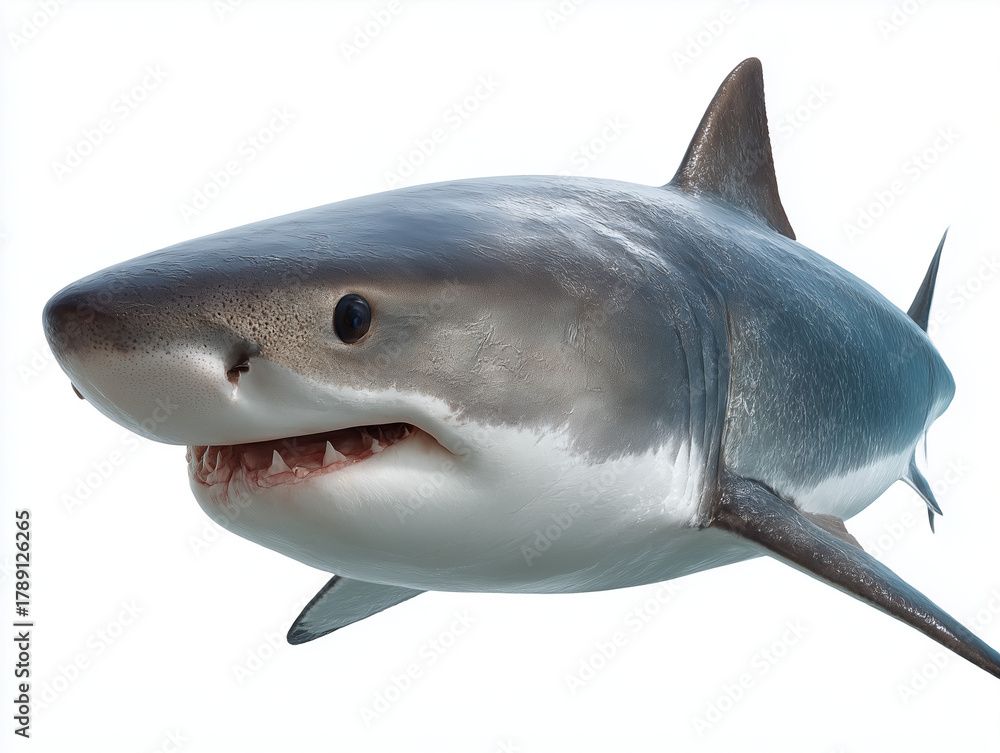 Naklejka premium Great white shark swimming with powerful teeth showing