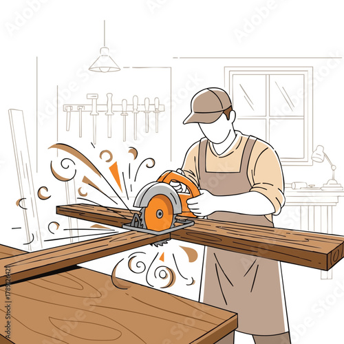 A carpenter skillfully uses a circular saw to cut through wood, creating sparks and sawdust in a workshop setting.