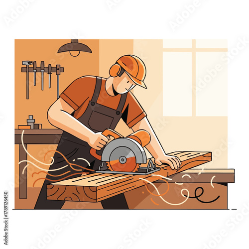 A skilled carpenter meticulously uses a circular saw to cut through wood, creating precise shapes within a well-lit workshop.