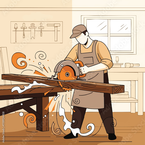 A skilled carpenter meticulously uses a circular saw to cut a wooden plank, creating sparks and sawdust in his workshop, illustrating craftsmanship.