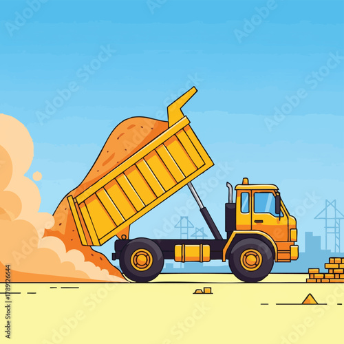 A vibrant illustration captures a yellow dump truck unloading sand at a construction site against a clear blue sky, creating a dynamic scene.