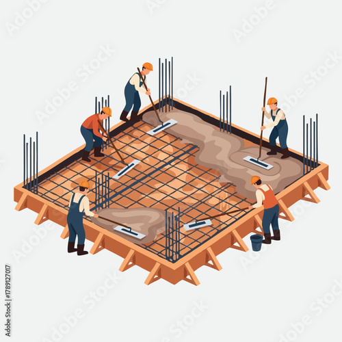 A group of construction workers are shown in an isometric illustration, pouring concrete into a foundation reinforced with rebar and a wooden frame for a building.