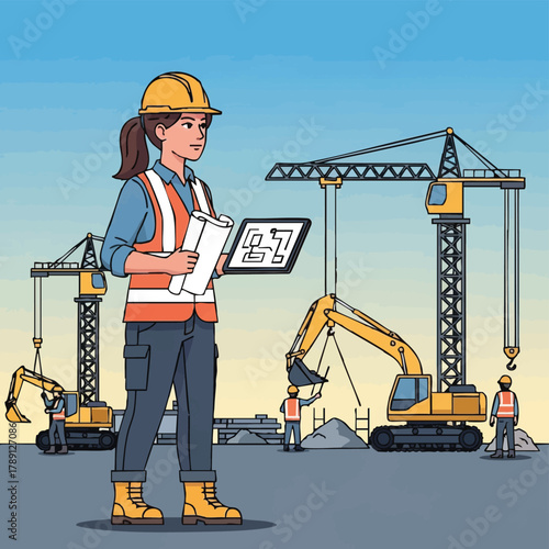 A female construction worker in a hard hat and vest reviews blueprints while overseeing a busy construction site with heavy machinery.