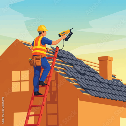 A construction worker uses a nail gun to install roofing shingles on a house, working on a sunny day with a bright sky.
