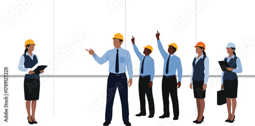 Construction team meeting, engineers and architects discussing project, teamwork concept, safety helmet workers, professional communication, building industry planning, business collaboration