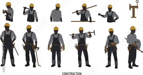Construction worker illustrations, hard hat team, tool and gear poses, blueprint and survey stance, diverse roles, safety outfit, digital art, white background