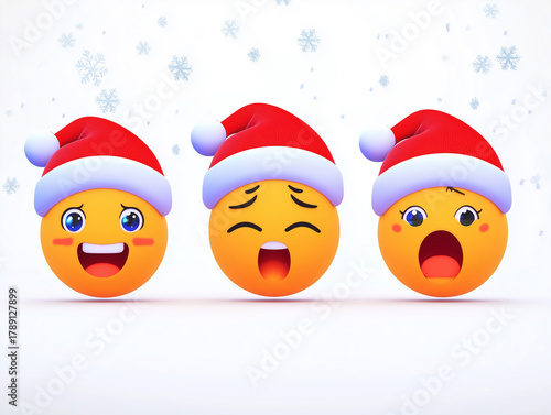 Christmas emojis singing carols under falling snowflakes