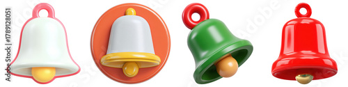 White notification bell, orange button, green bell, red bell, 3D rendering, isolated