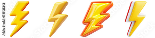 Yellow lightning bolt icon, 3D style, isolated on white, energetic, glossy, modern design